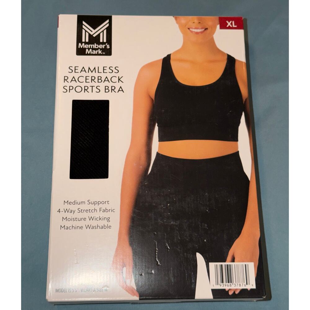 Member’s Mark Seamless Racerback Sports Bra Large Black Medium Support NWT